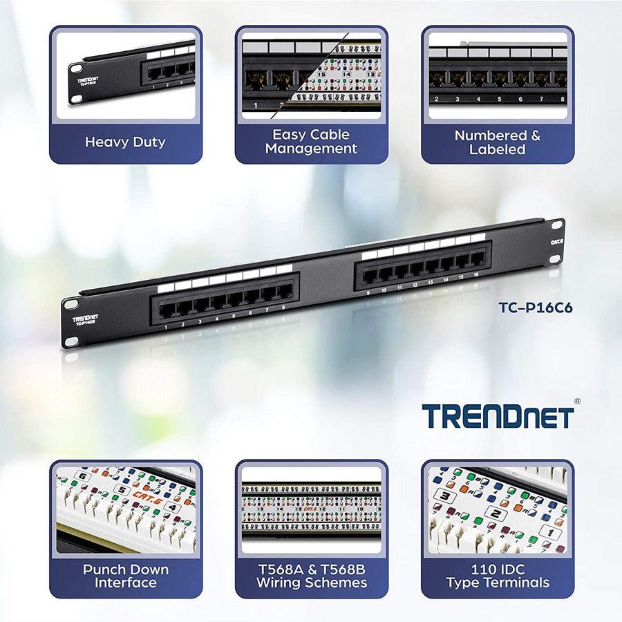 TRENDnet 16-Port Cat6 Unshielded Patch Panel, Wallmount Or Rackmount, 1U 19 TC-P16C6