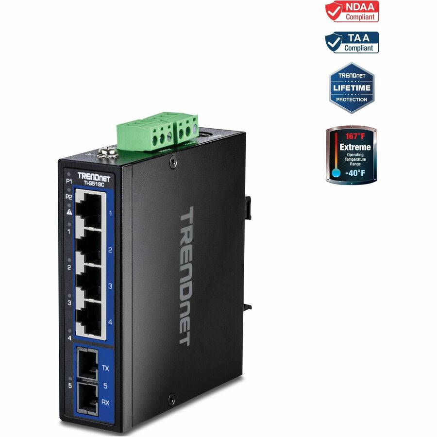 TRENDnet 5-Port Hardened Industrial Gigabit DIN-Rail Switch, TI-G51SC, 1 x Multi-Mode SC