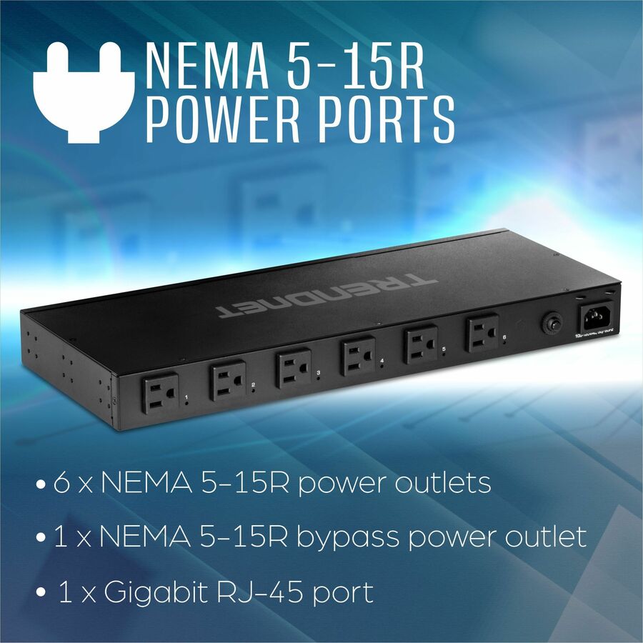 TRENDnet 6-Outlet Managed PDU Rackmount Power Distribution Unit 1 x NEMA 5-15R Bypass Powe