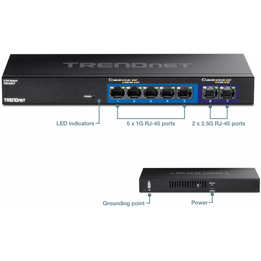TRENDnet 7-Port Multi-Gig Switch, 5 x 1G RJ-45 Base-T Ports, 2 x 2.5G RJ-45 Ports, 20Gbps