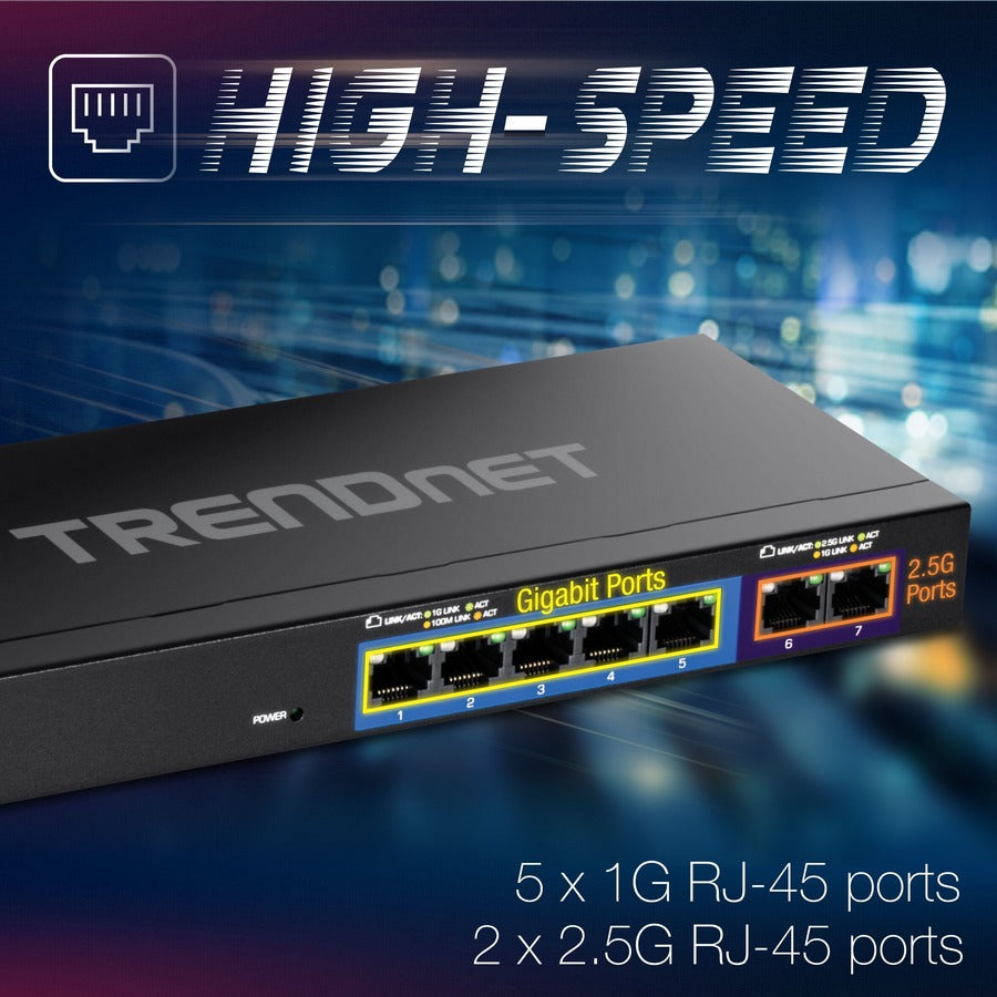 TRENDnet 7-Port Multi-Gig Switch, 5 x 1G RJ-45 Base-T Ports, 2 x 2.5G RJ-45 Ports, 20Gbps