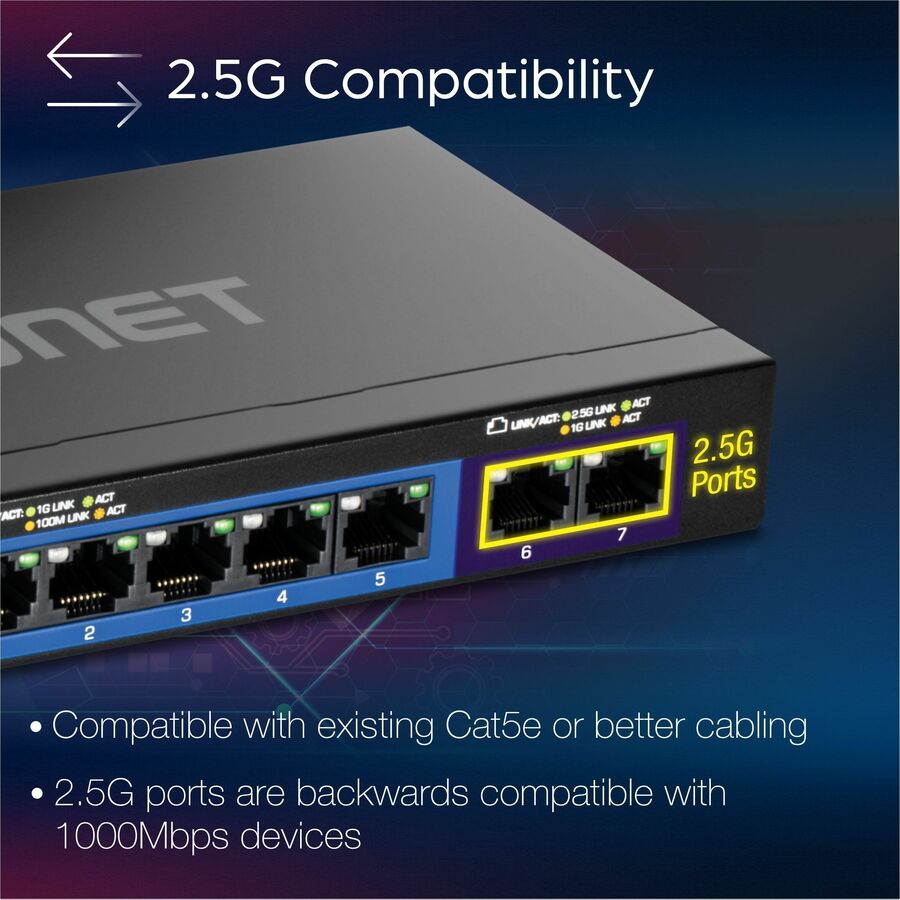 TRENDnet 7-Port Multi-Gig Switch, 5 x 1G RJ-45 Base-T Ports, 2 x 2.5G RJ-45 Ports, 20Gbps