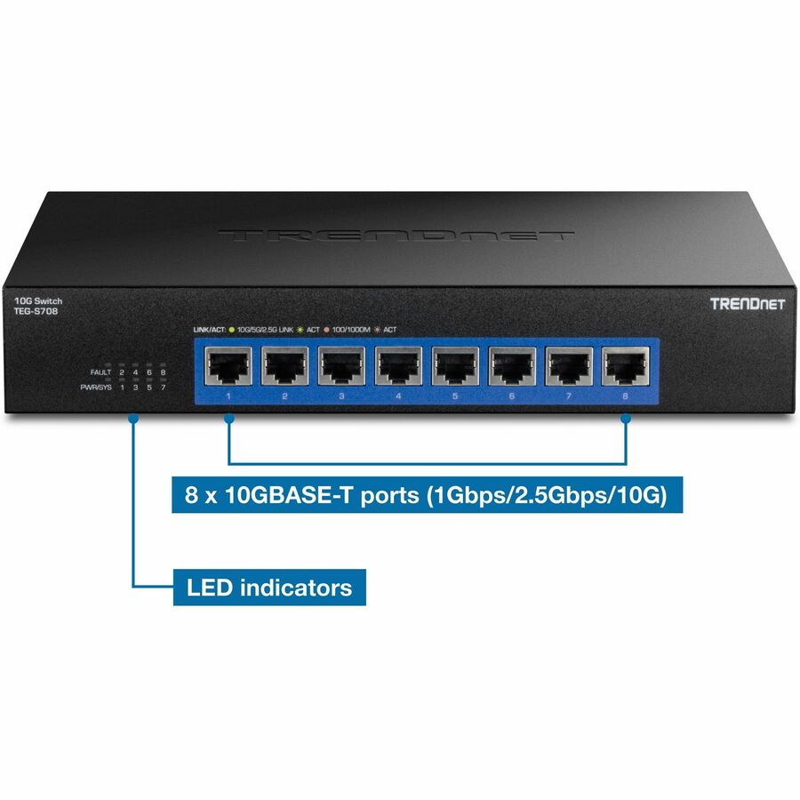 TRENDnet 8-Port 10G Switch, 8 x 10G RJ-45 Ports, 160Gbps Switching Capacity Rack mountable, 10 Gigabit Network Connections, Lifetime Protection, Black, TEG-S708