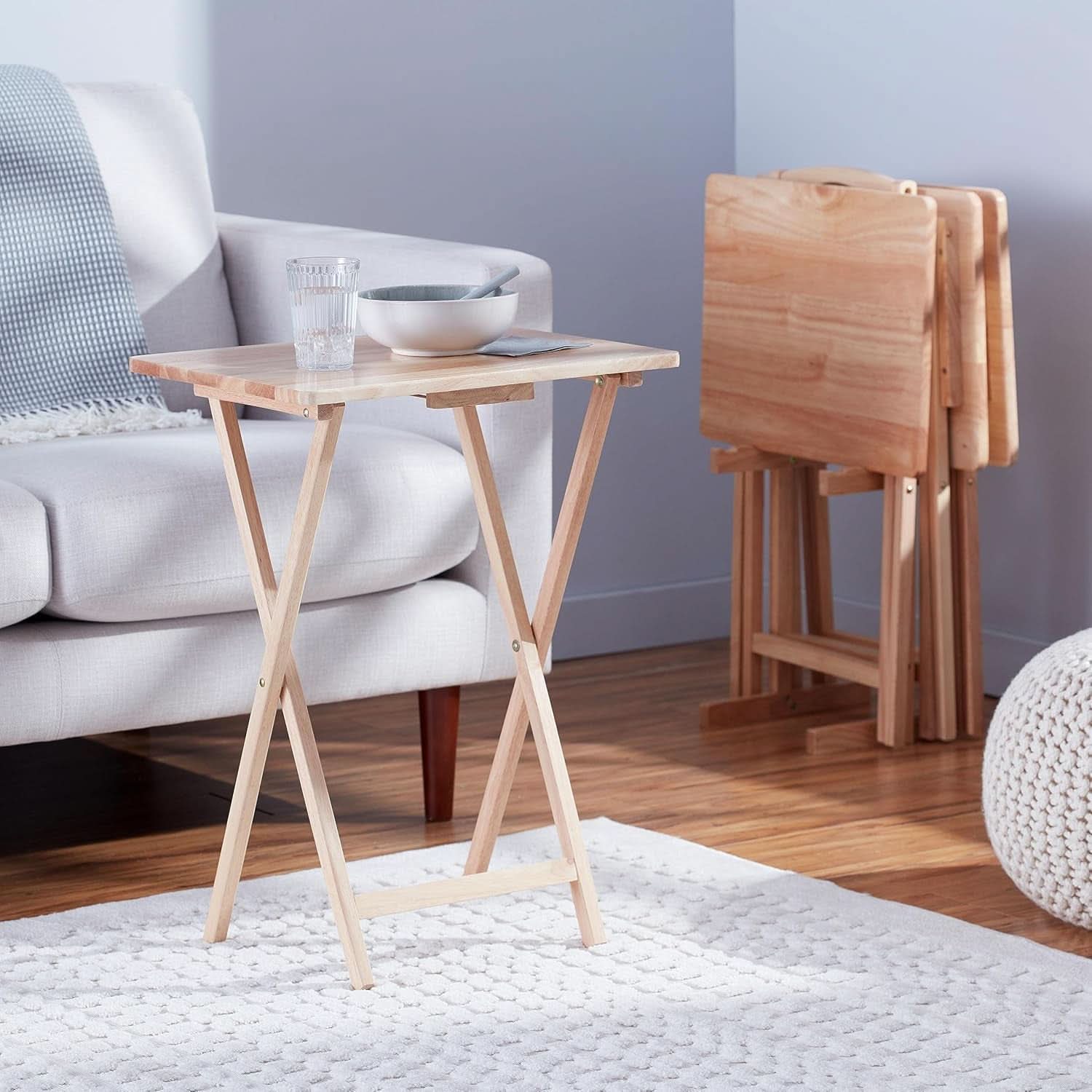 TV Dinner Tray Table Set of 4 With Storage Rack Natural