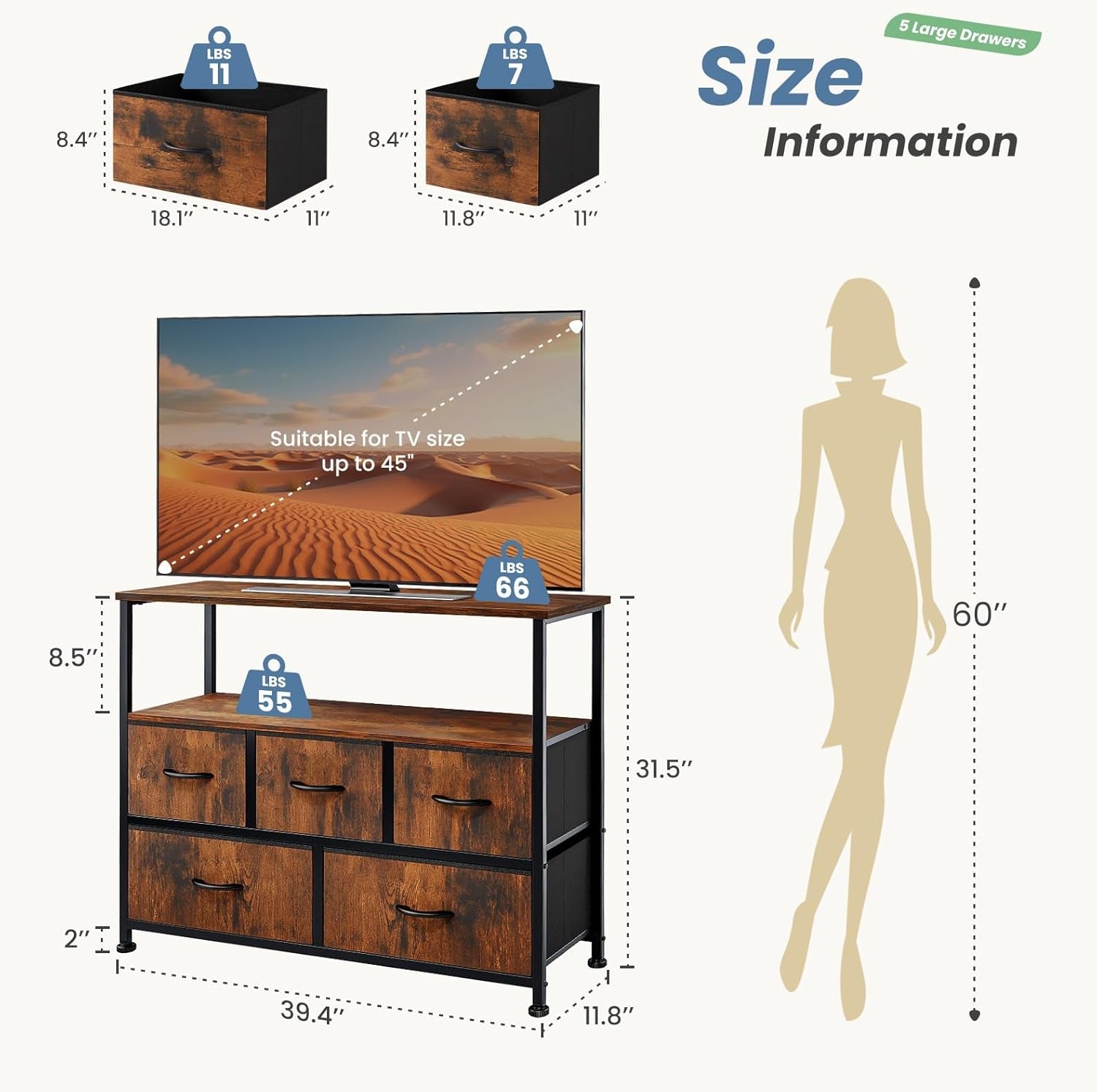 TV Stand Dresser With 5 Fabric Drawers For 45 Inch TV Brown
