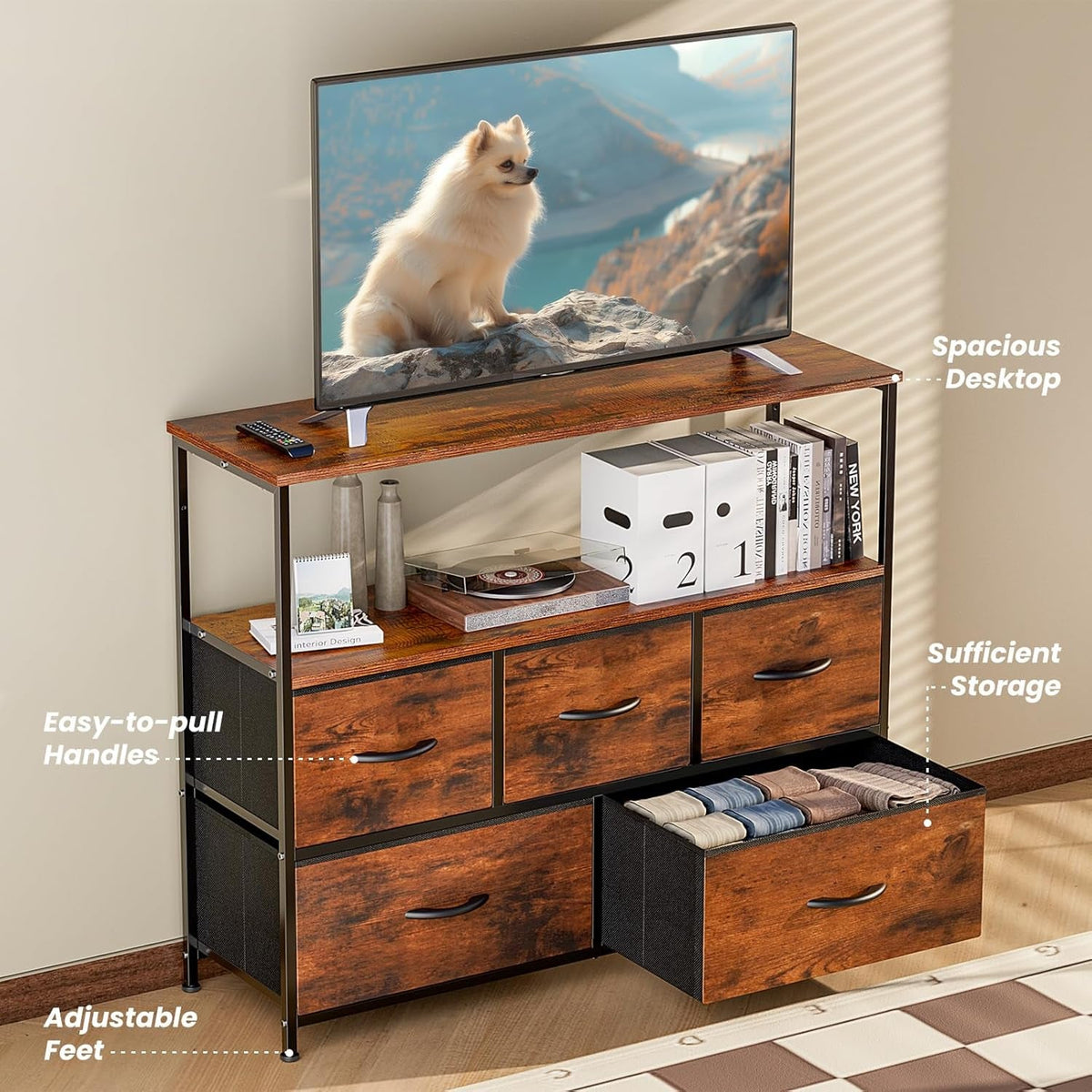 TV Stand Dresser With 5 Fabric Drawers For 45 Inch TV Brown