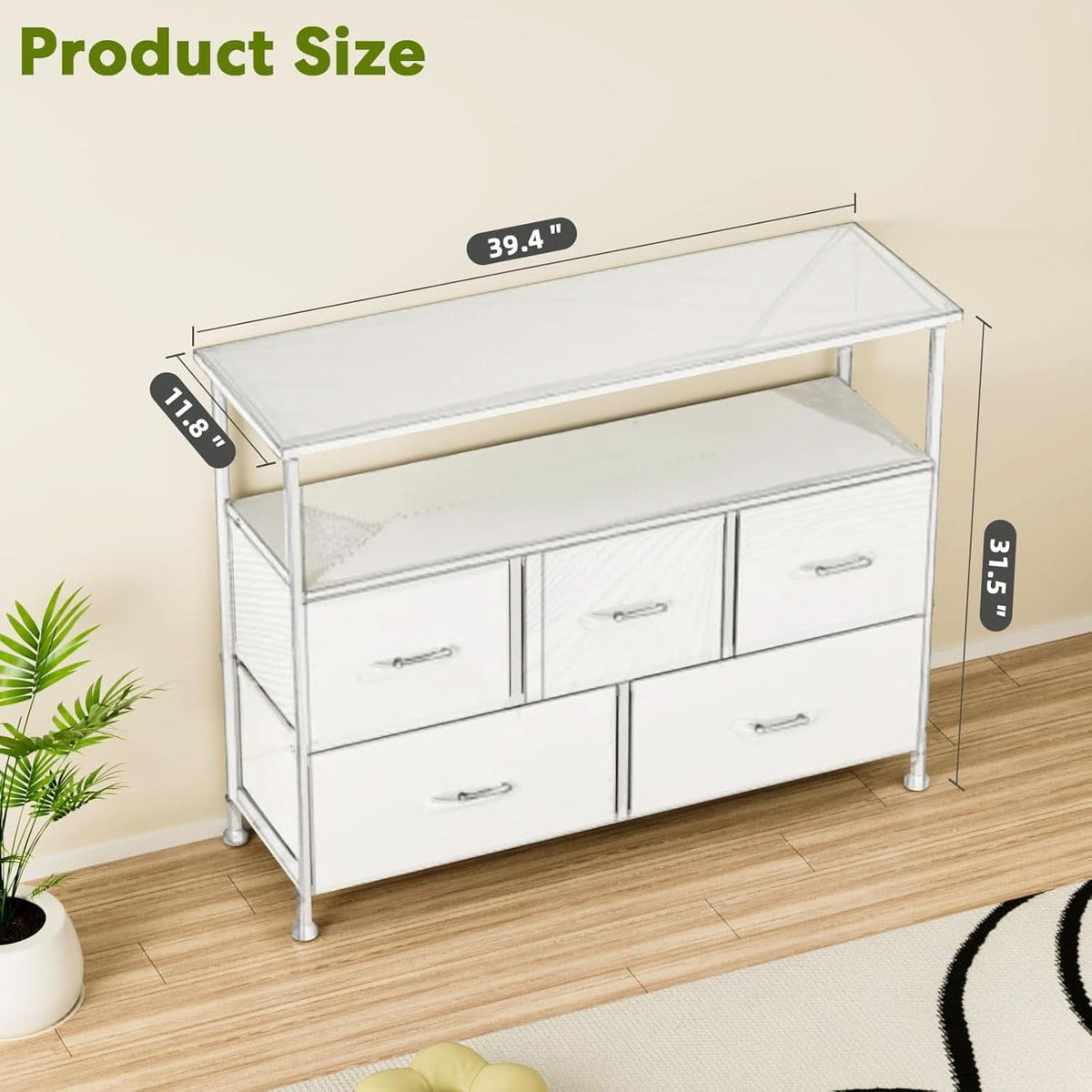 TV Stand Dresser With 5 Fabric Drawers White Wood Top