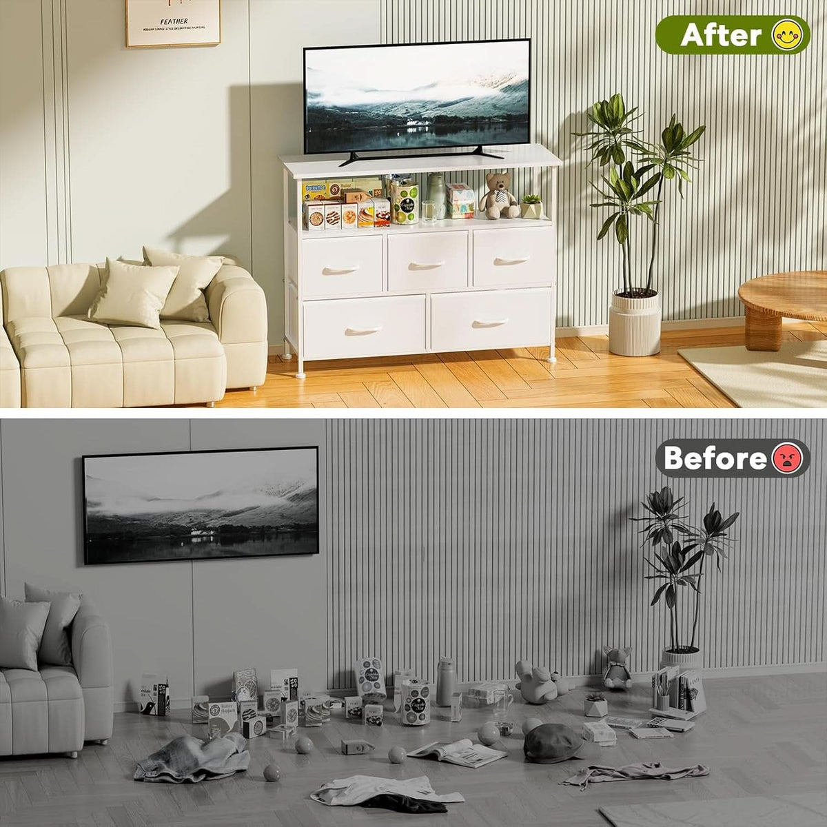 TV Stand Dresser With 5 Fabric Drawers White Wood Top