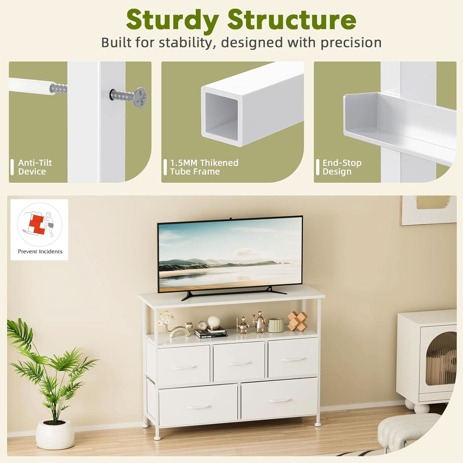 TV Stand Dresser With 5 Fabric Drawers White Wood Top
