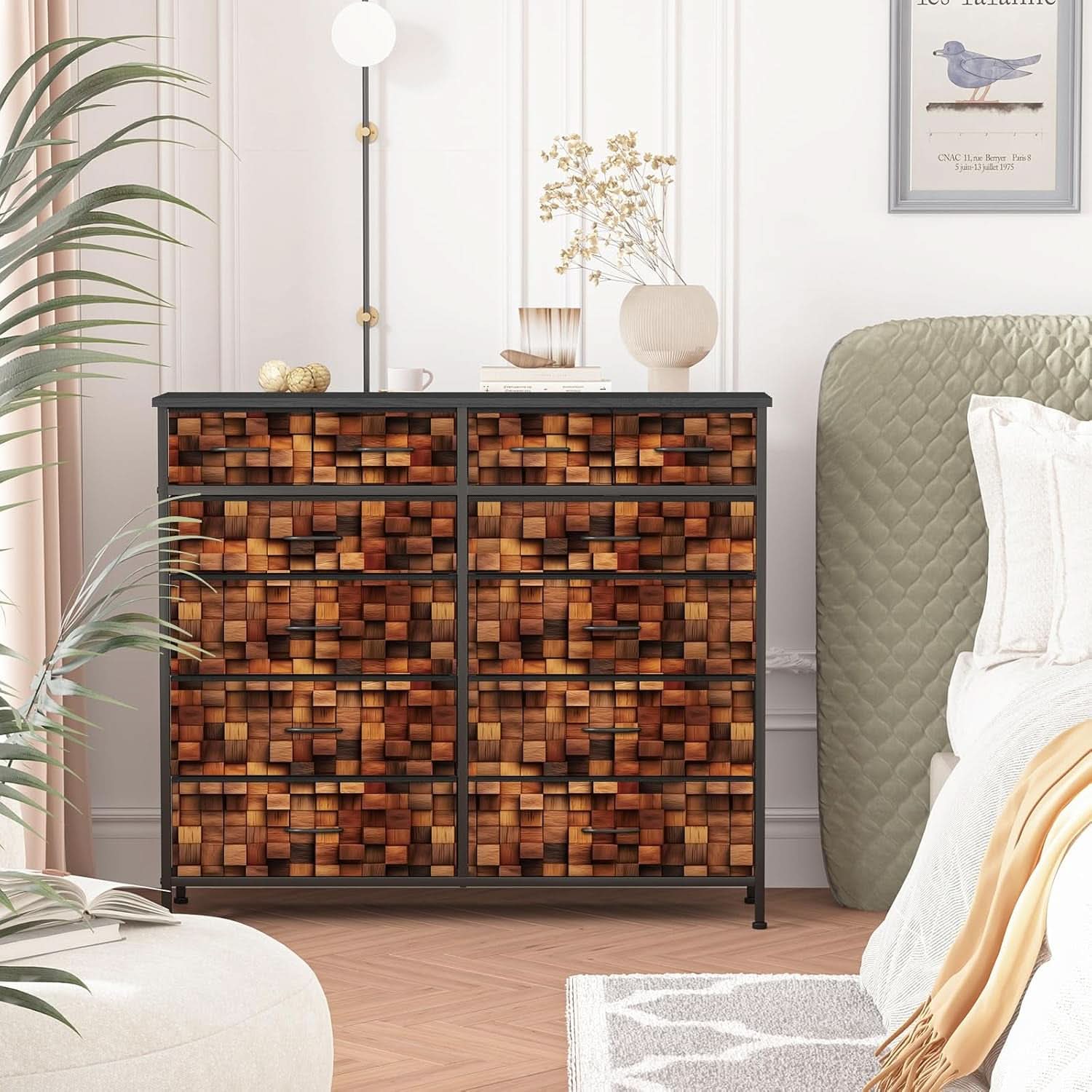 TV Stand Dresser for Bedroom with Tall Fabric Drawers Brown