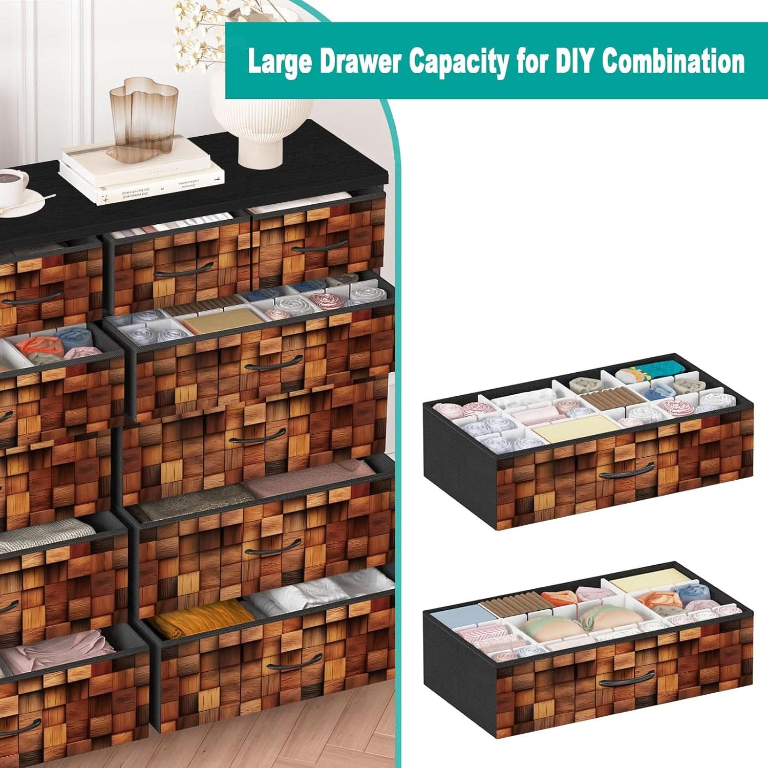 TV Stand Dresser for Bedroom with Tall Fabric Drawers Brown