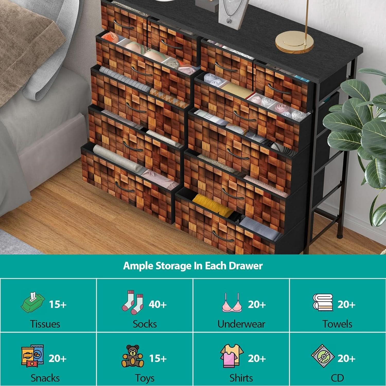 TV Stand Dresser for Bedroom with Tall Fabric Drawers Brown