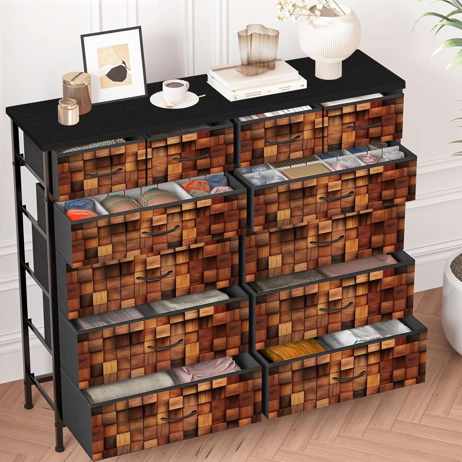 TV Stand Dresser for Bedroom with Tall Fabric Drawers Brown