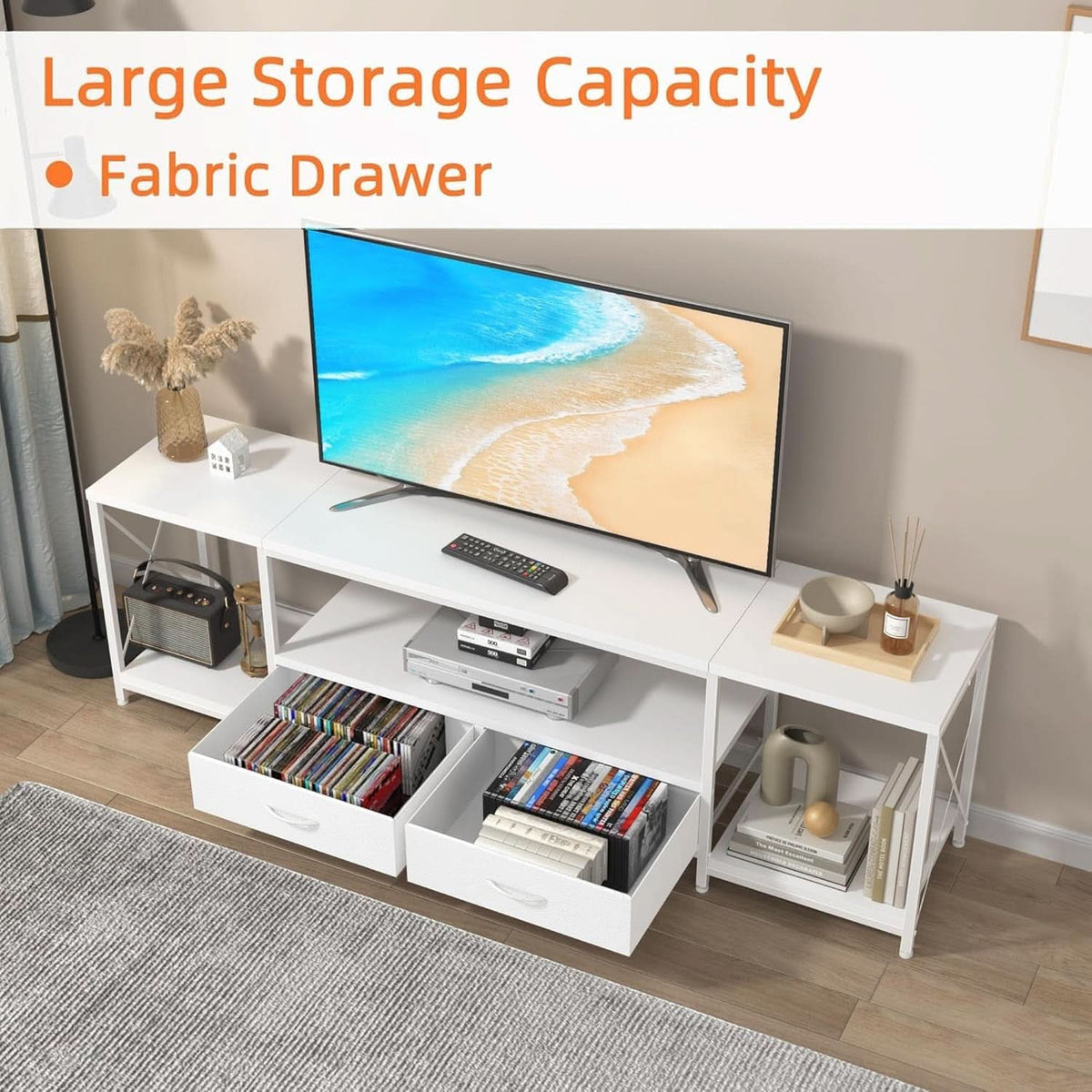 TV Stand For 55 To 65 Inch TV With Fabric Drawers Sturdy