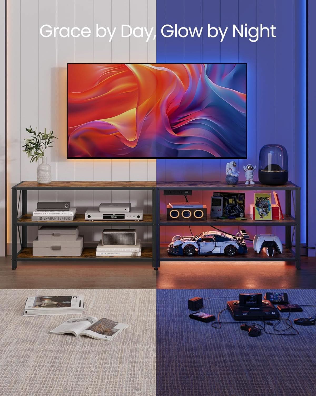 TV Stand With Built In Power Outlets And LED Lights For 65 Inch TVs