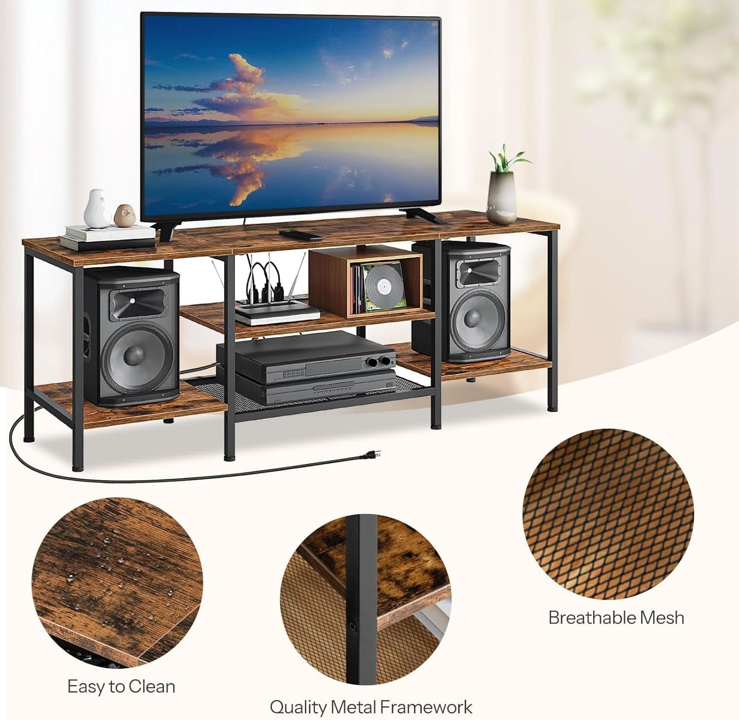 TV Stand With Power Outlets For 65 Inch TV Open Shelves