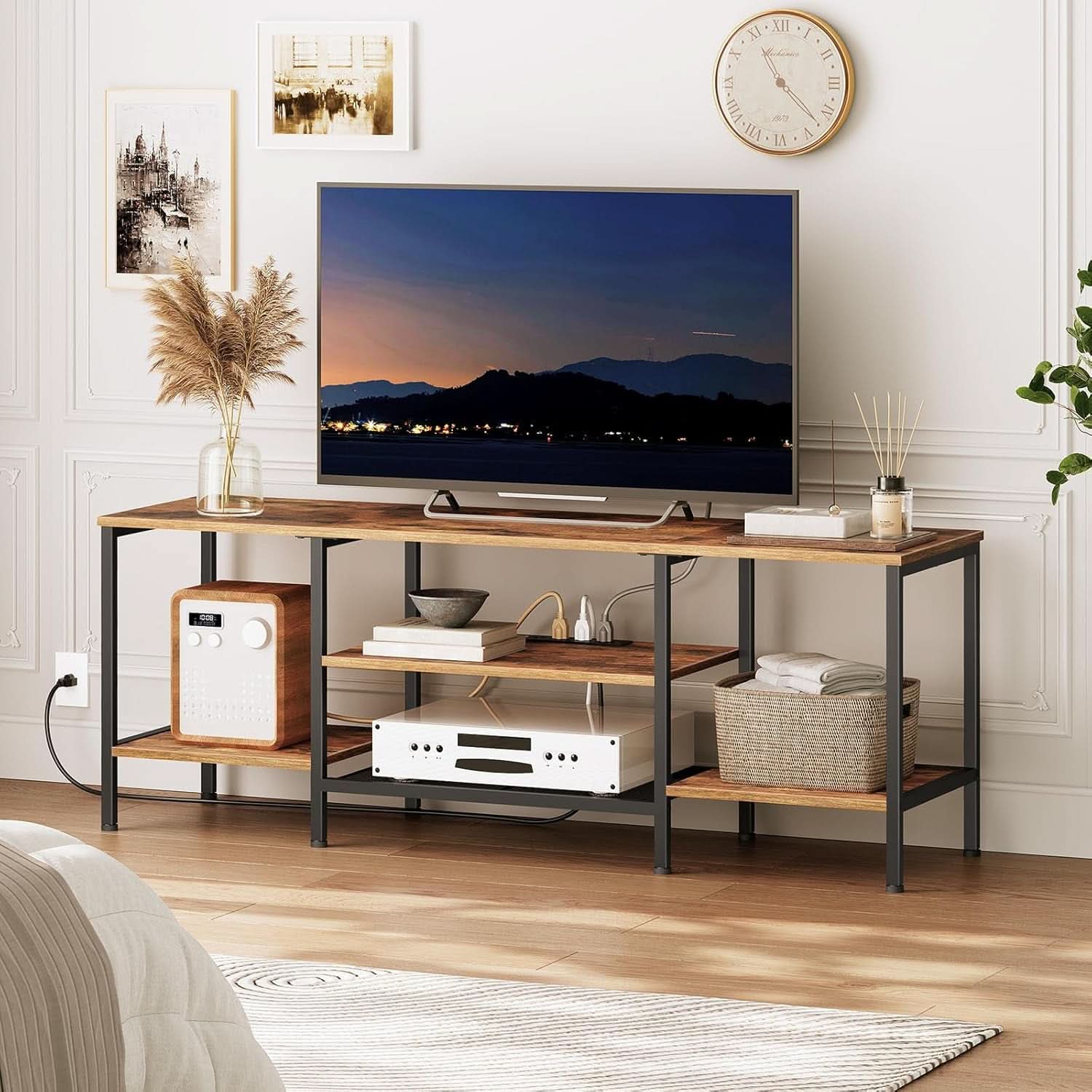 TV Stand With Power Outlets For 65 Inch TV Open Shelves