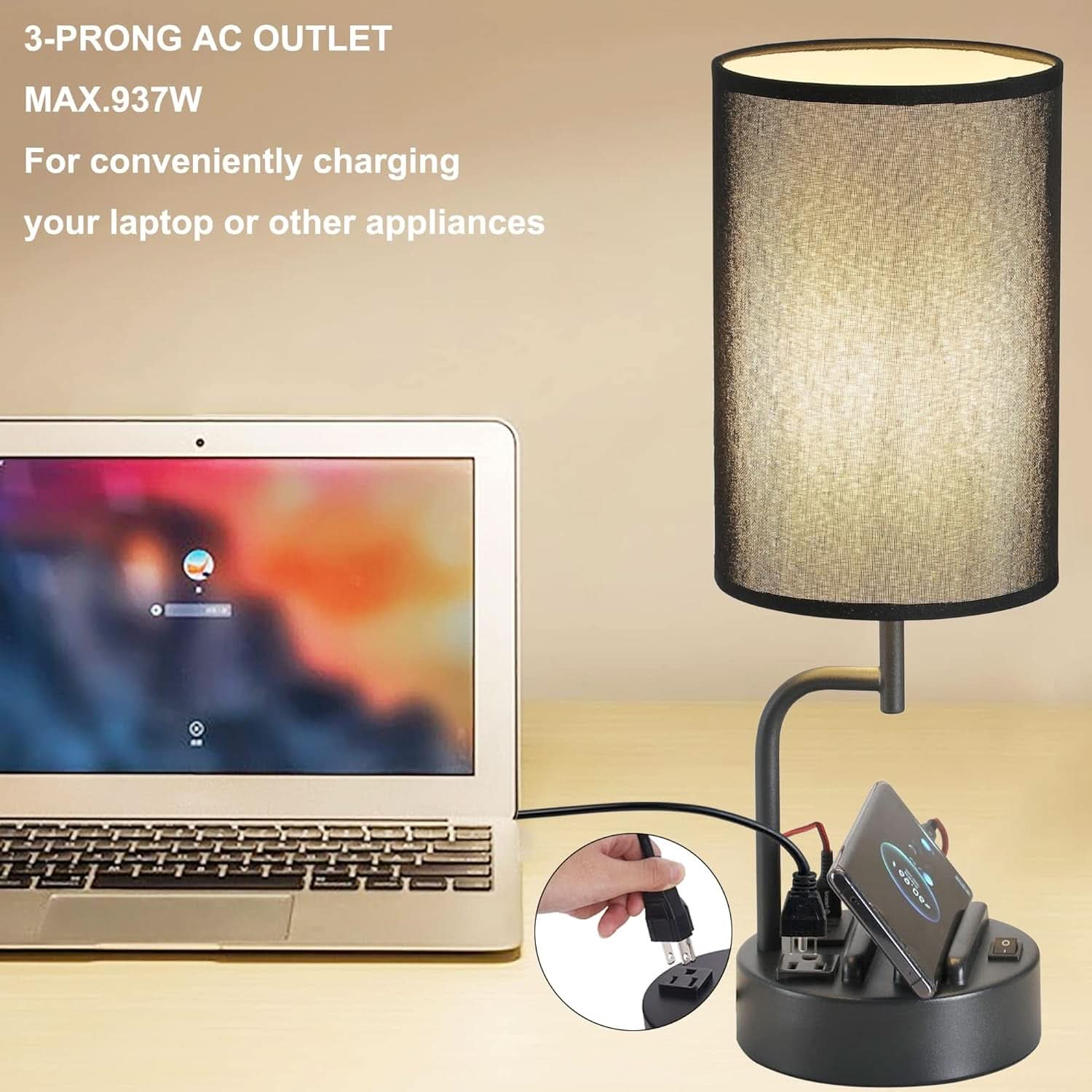 Table Lamp With 3 USB Ports And AC Outlet For Office