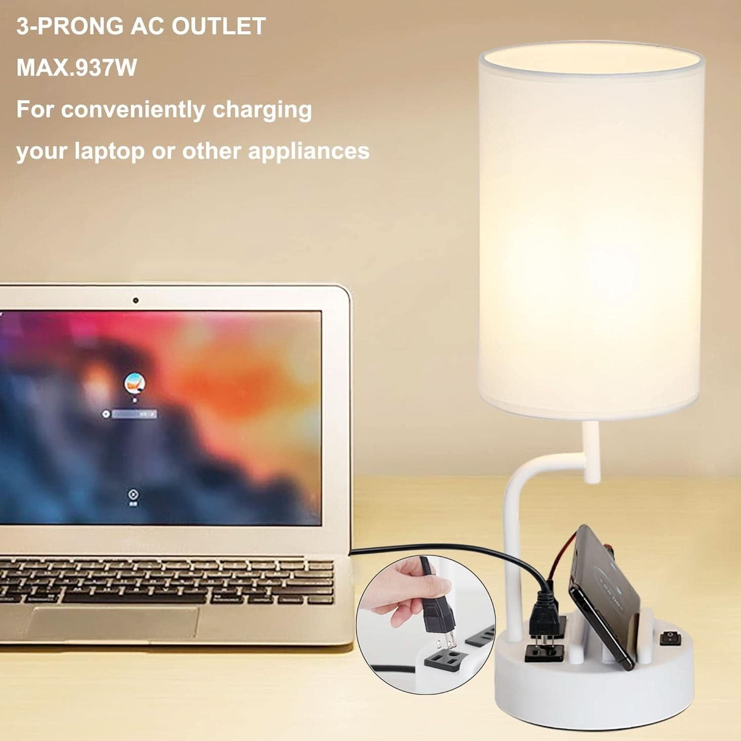 Table Lamp With 3 USB Ports White Finish For Home Office