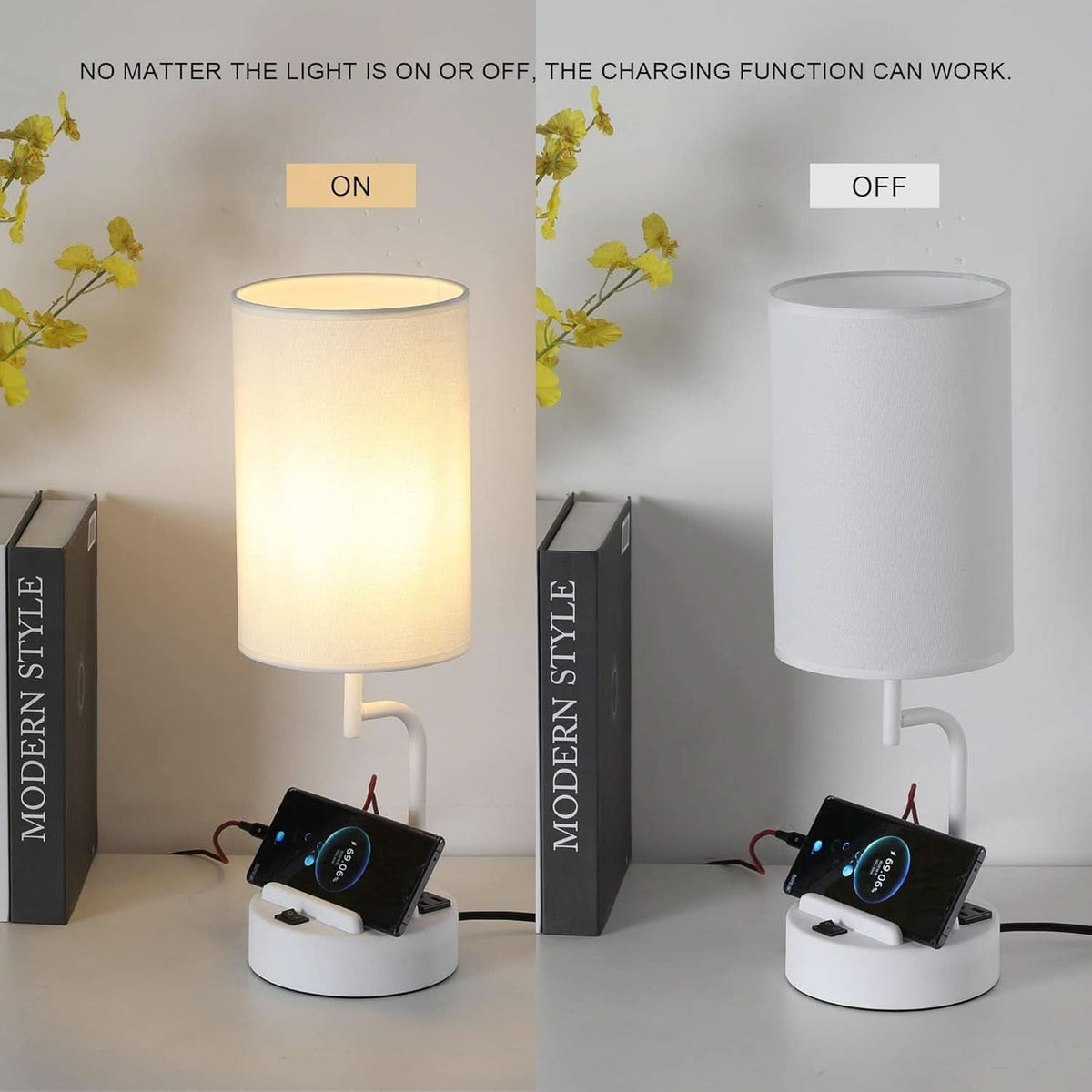 Table Lamp With 3 USB Ports White Finish For Home Office