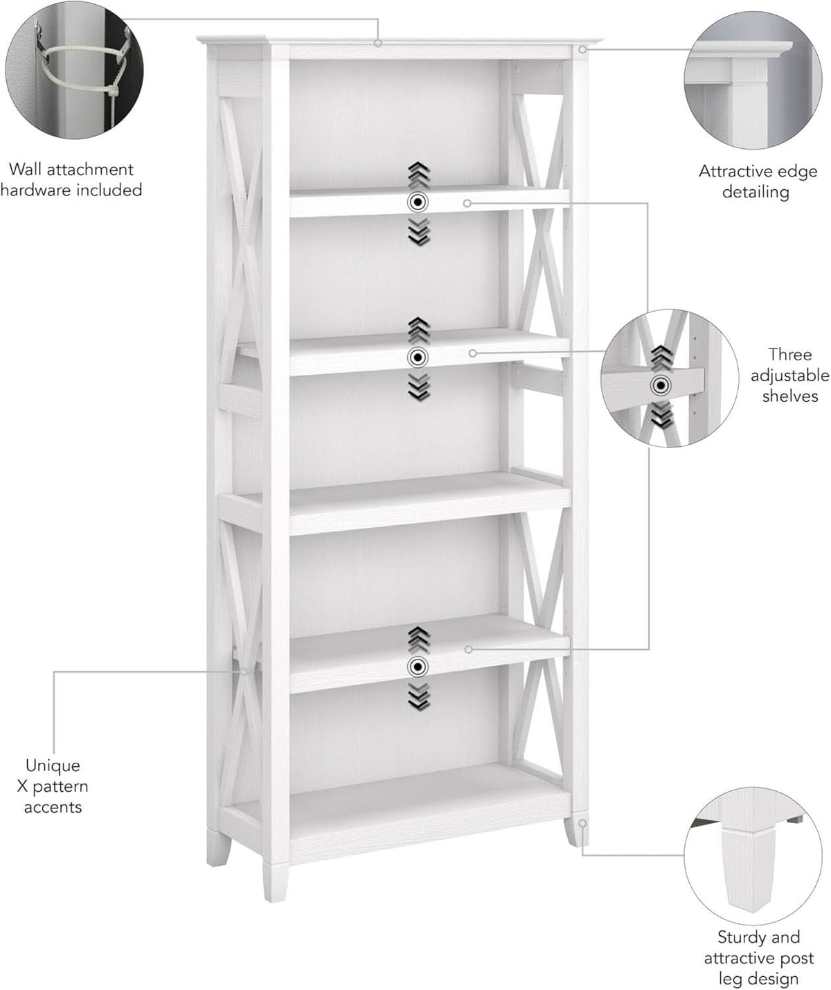 Tall 5 Shelf Bookcase In Pure White Oak Modern Farmhouse