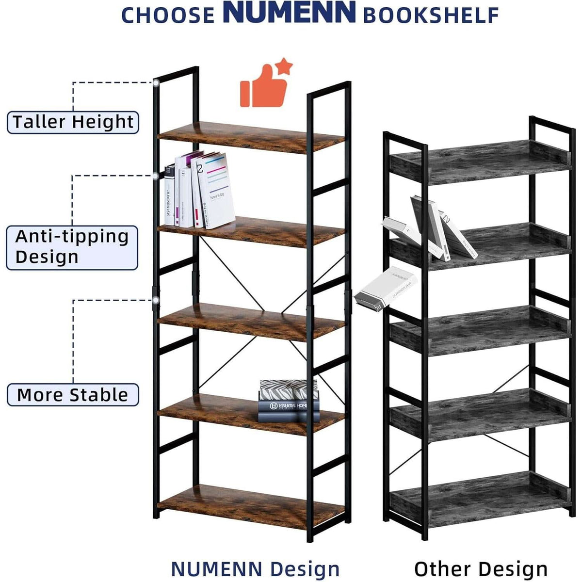 Tall 5 Shelf Vintage Bookcase With Metal Frame Storage