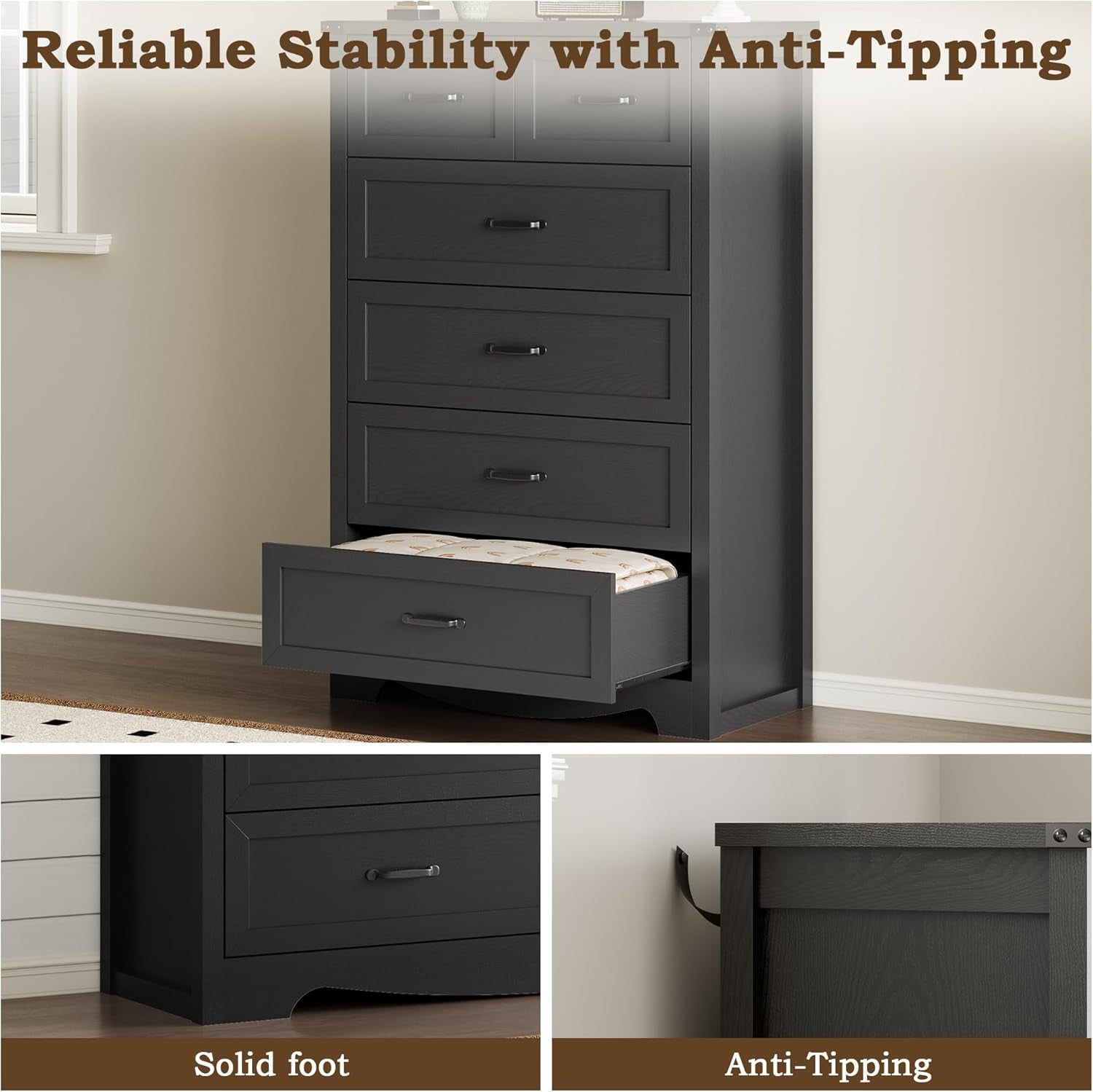 Tall 6 Drawer Dresser With Anti Tip Wood Storage Unit
