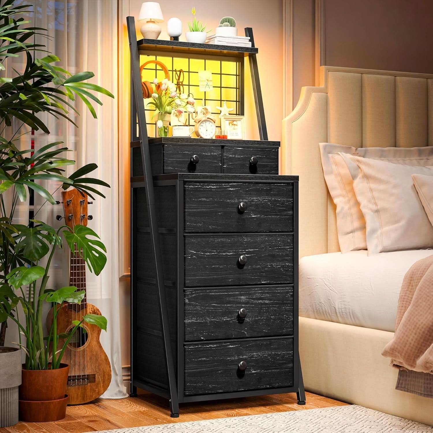Tall 6 Drawer LED Vertical Dresser Black Bedroom Storage