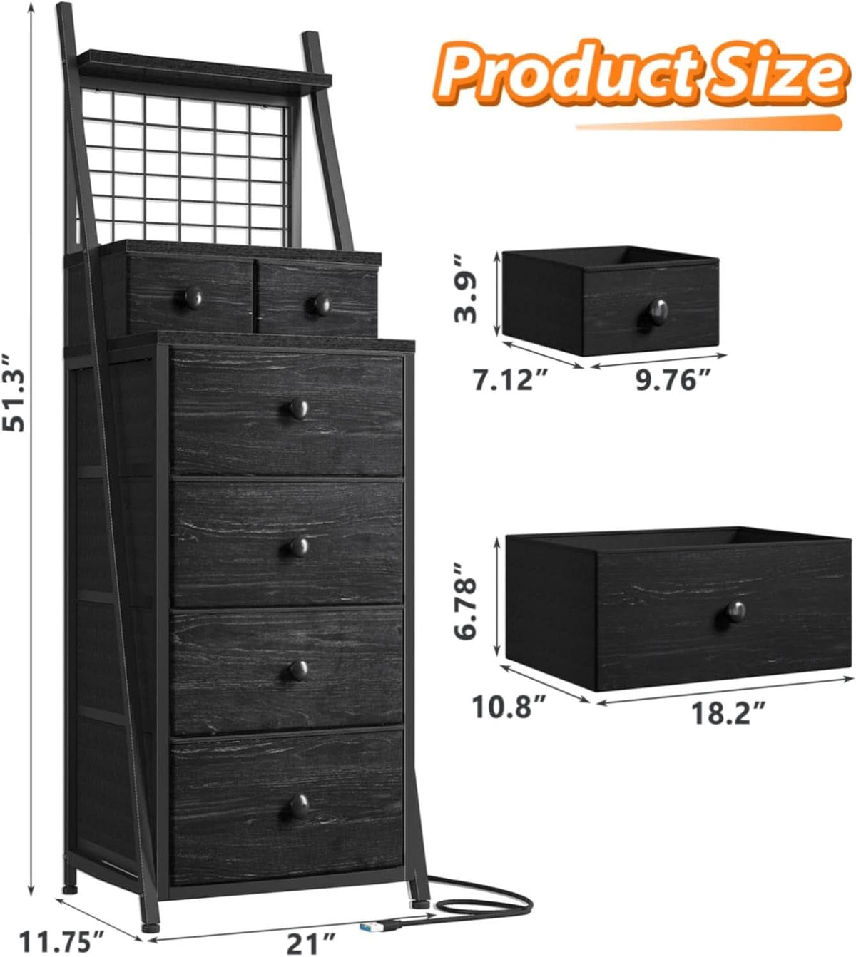 Tall 6 Drawer LED Vertical Dresser Black Bedroom Storage