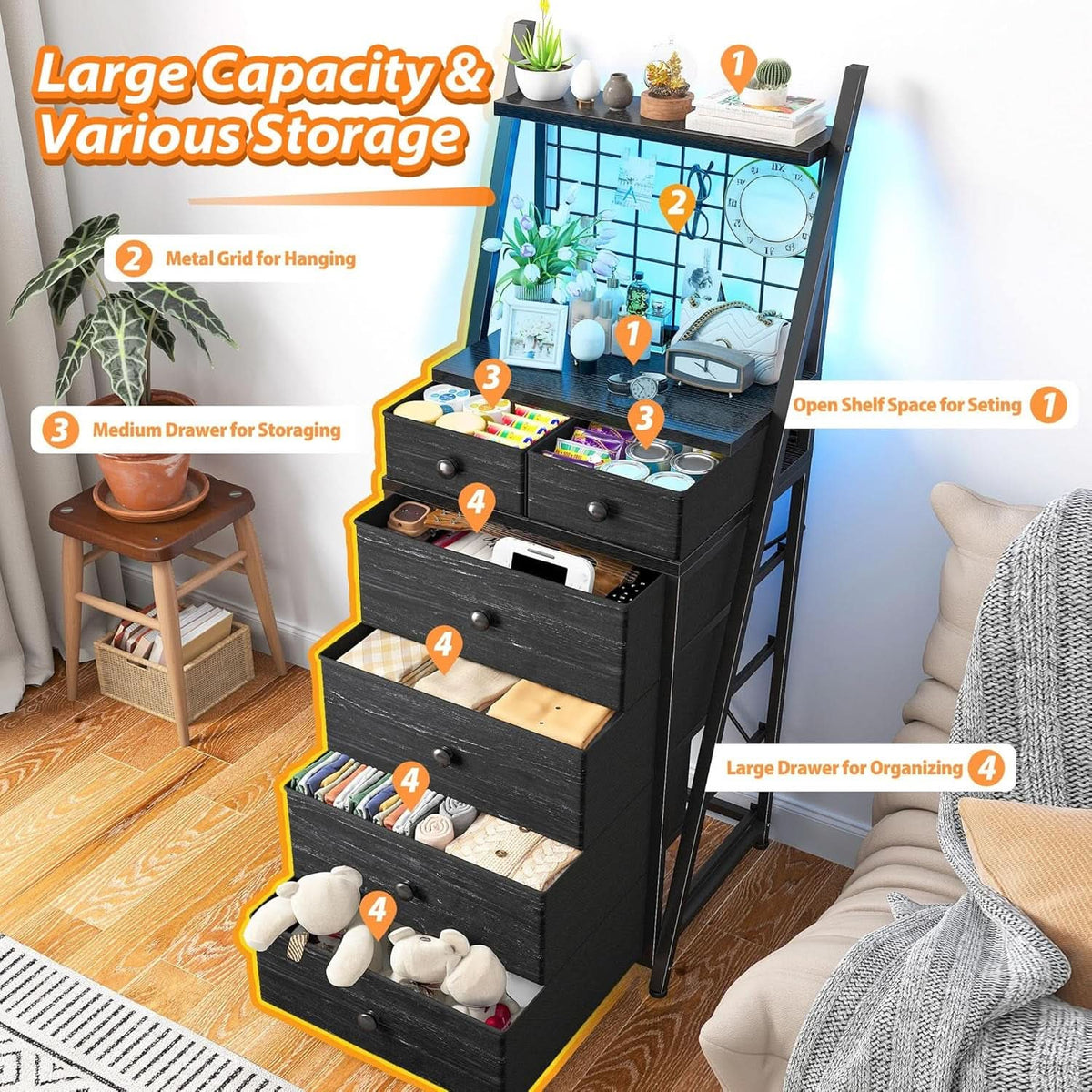 Tall 6 Drawer LED Vertical Dresser Black Bedroom Storage