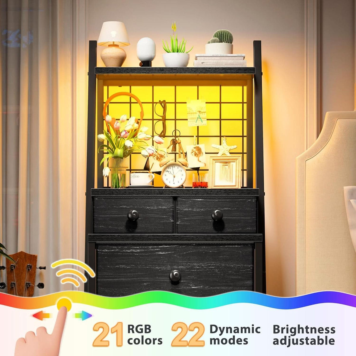 Tall 6 Drawer LED Vertical Dresser Black Bedroom Storage