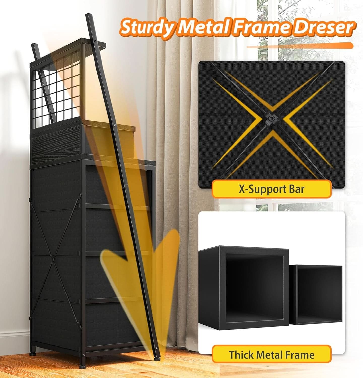 Tall 6 Drawer LED Vertical Dresser Black Bedroom Storage