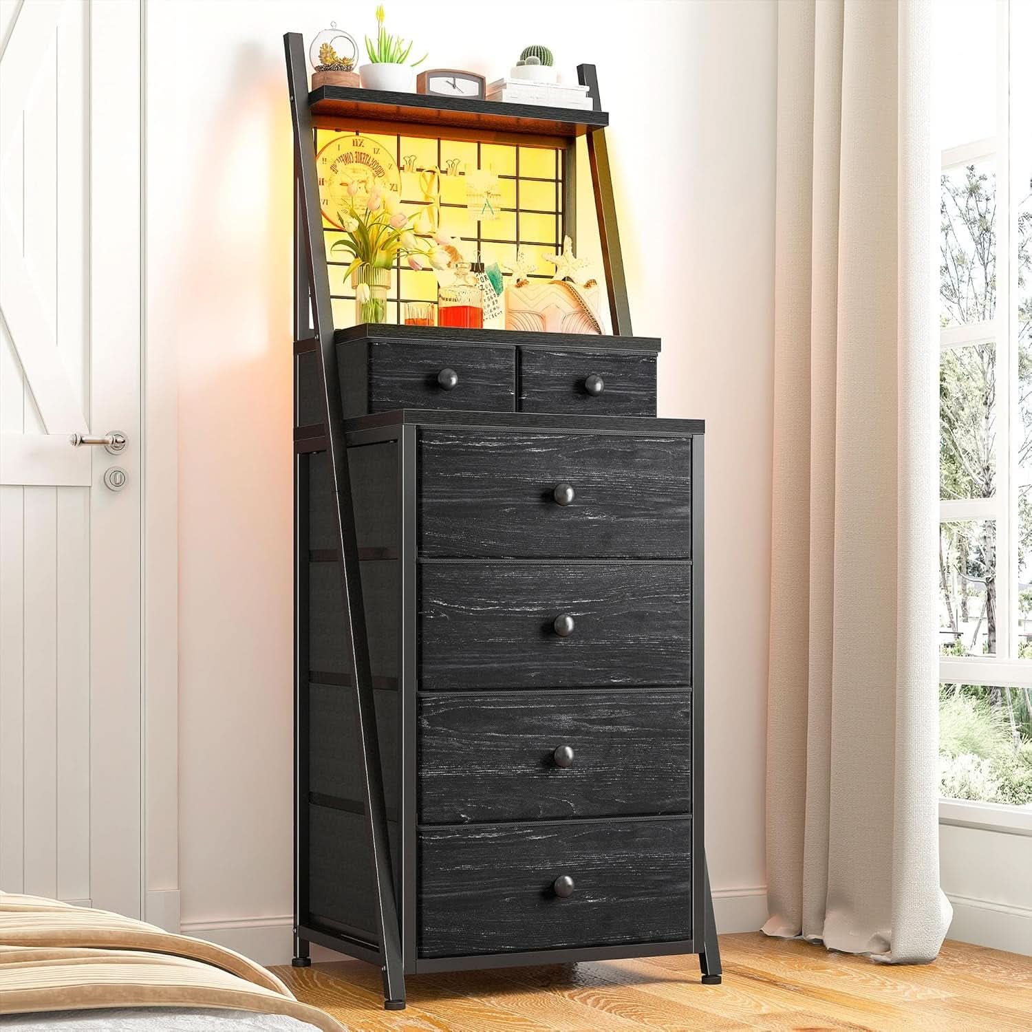 Tall 6 Drawer LED Vertical Dresser Black Bedroom Storage