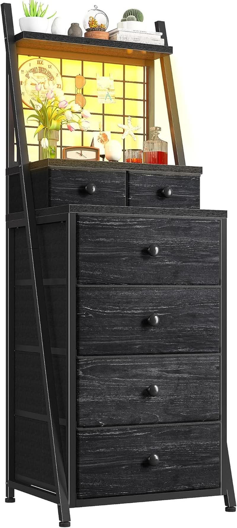 Tall 6 Drawer LED Vertical Dresser Black Bedroom Storage