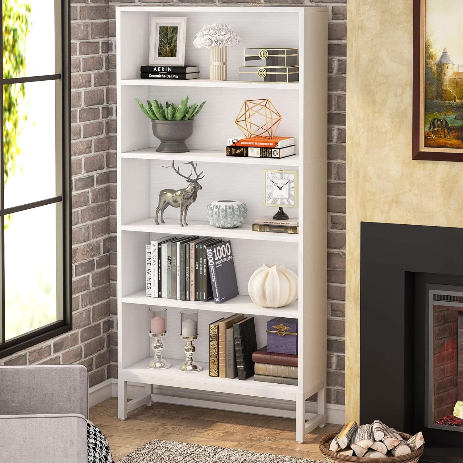 Tall 70.8 Inch Bookcase 5 Tier Heavy Freestanding White