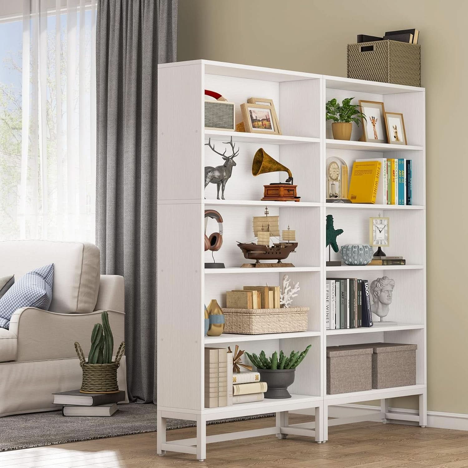 Tall 70.8 Inch Bookcase 5 Tier Heavy Freestanding White