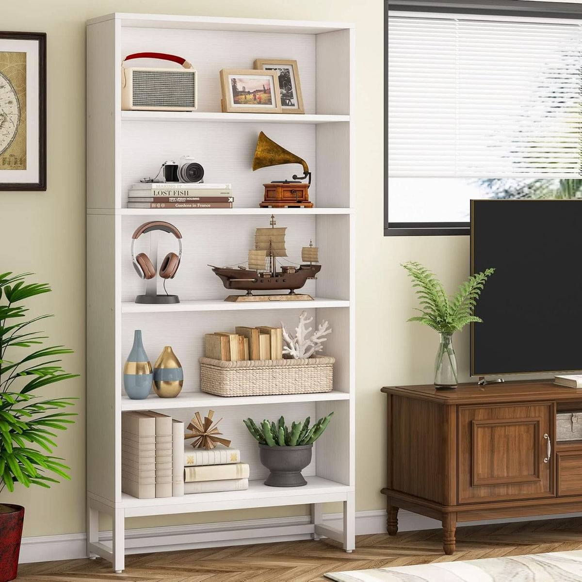Tall 70.8 Inch Bookcase 5 Tier Heavy Freestanding White