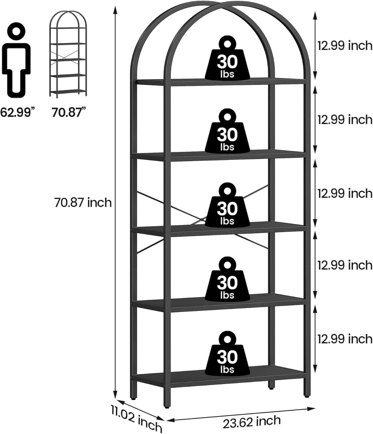Tall Black Arched Bookcase With 5 Open Shelves For Living Room