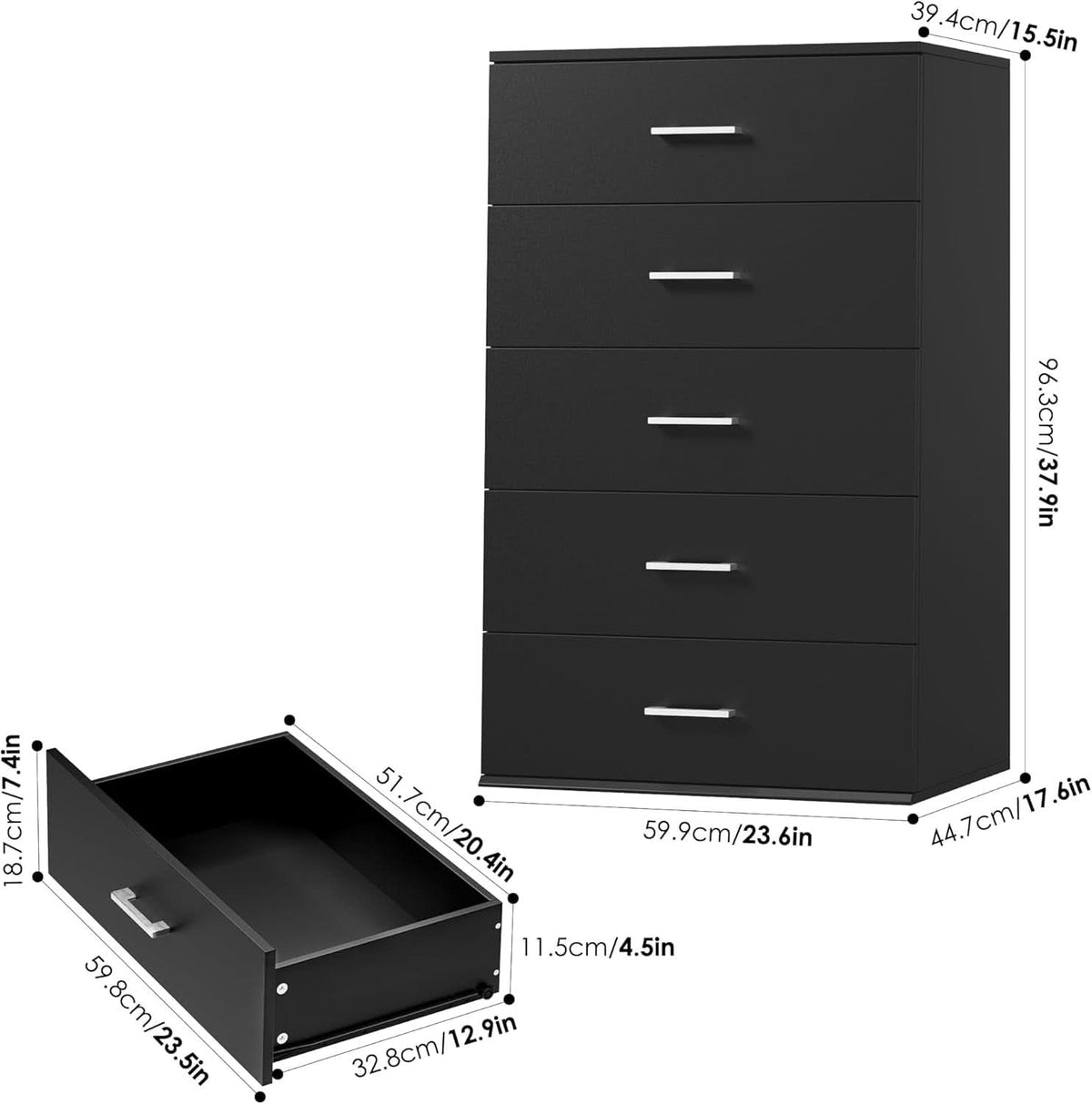 Tall Black Contemporary Dresser With Five Generous Drawers