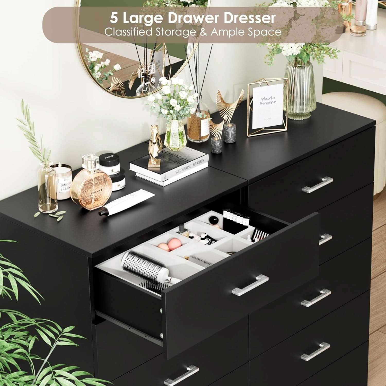 Tall Black Contemporary Dresser With Five Generous Drawers
