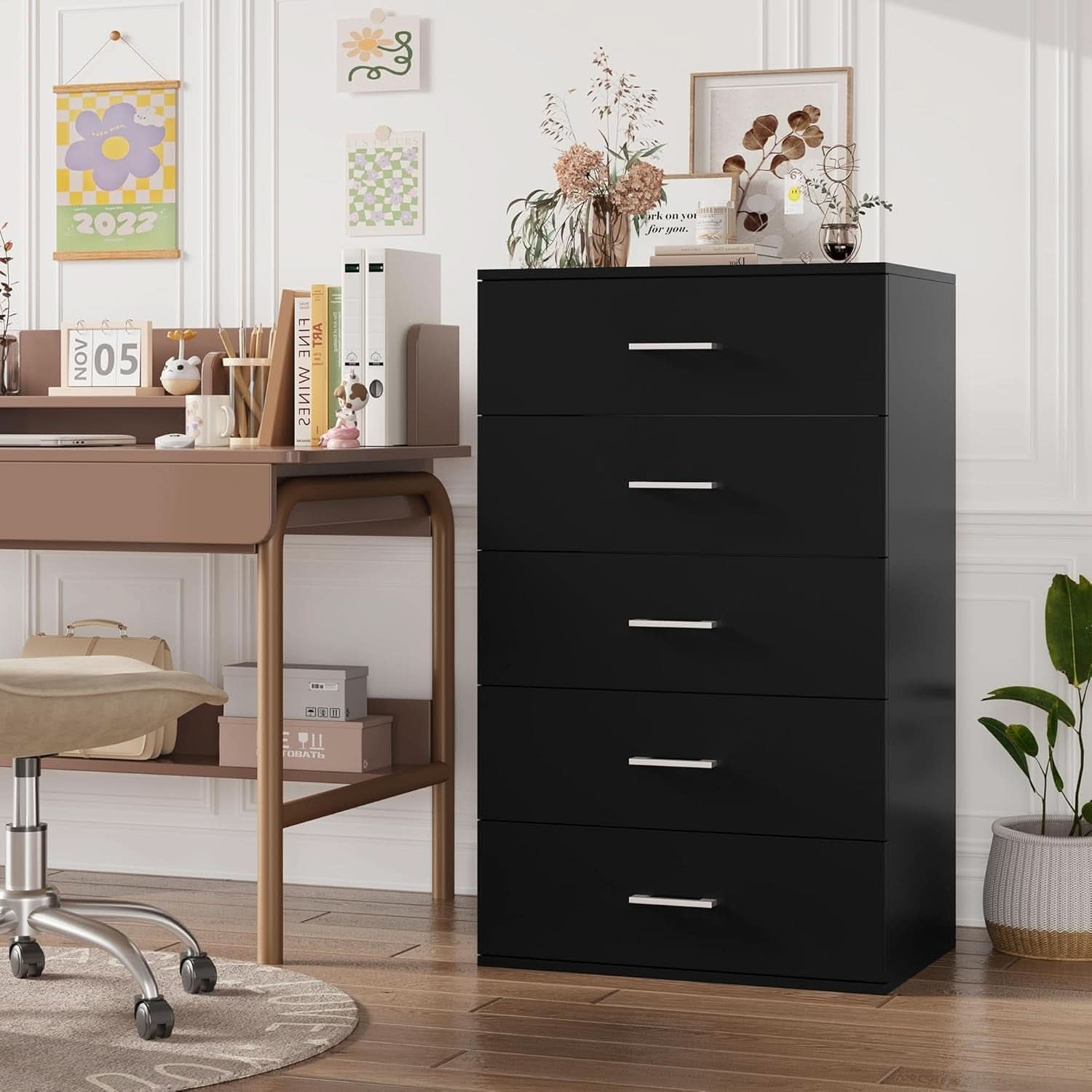 Tall Black Contemporary Dresser With Five Generous Drawers
