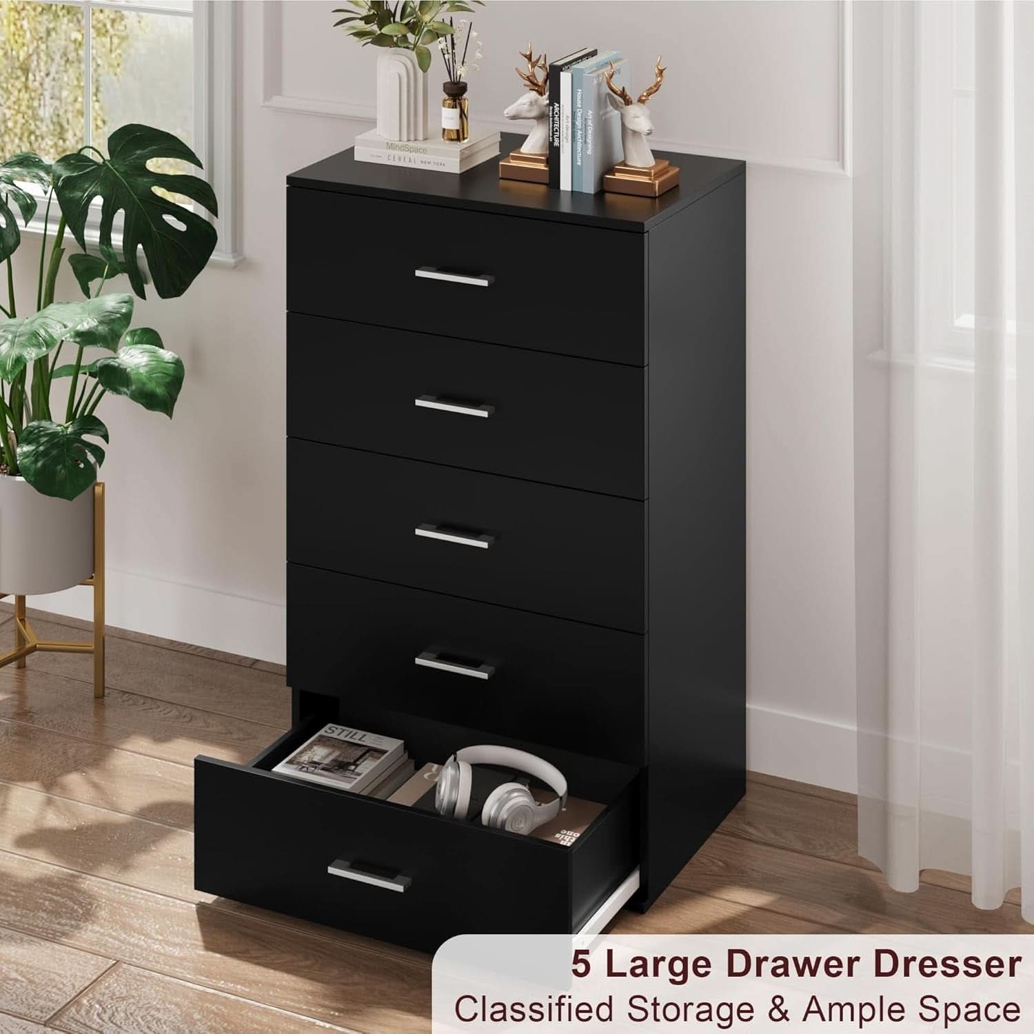 Tall Black Contemporary Dresser With Five Generous Drawers