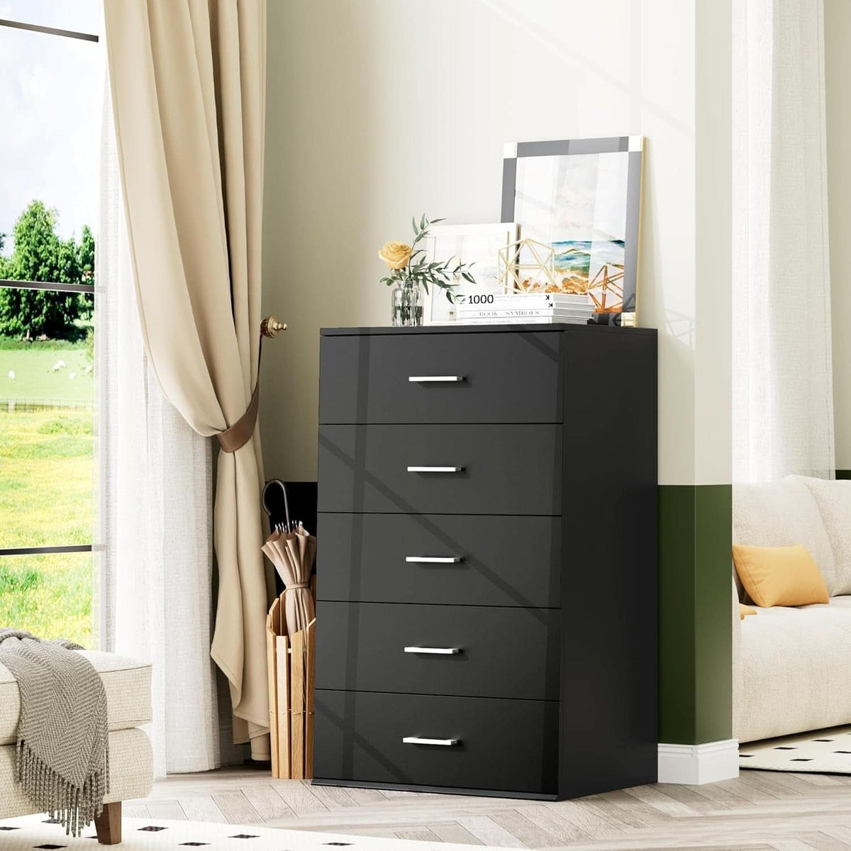Tall Black Contemporary Dresser With Five Generous Drawers