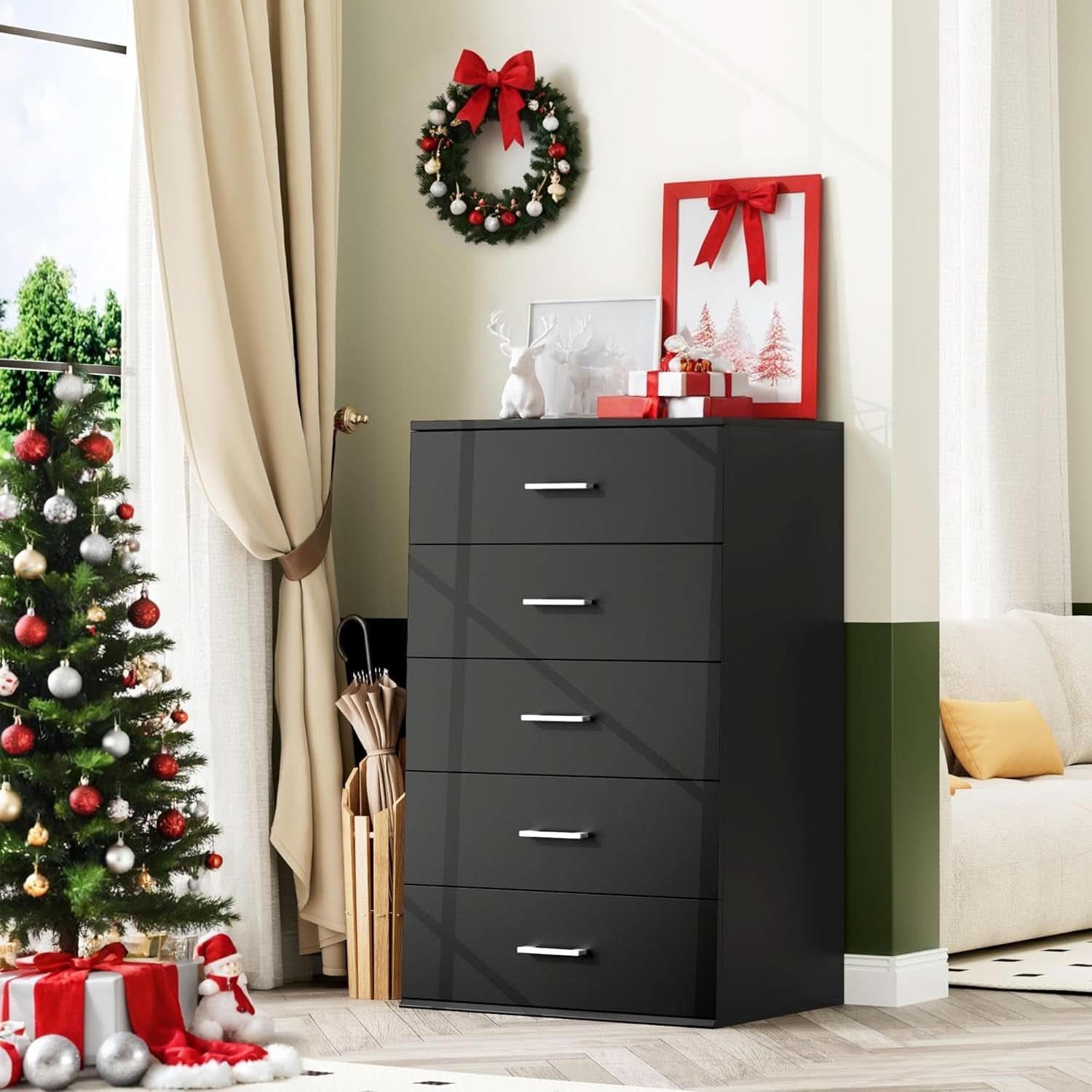 Tall Black Contemporary Dresser With Five Generous Drawers