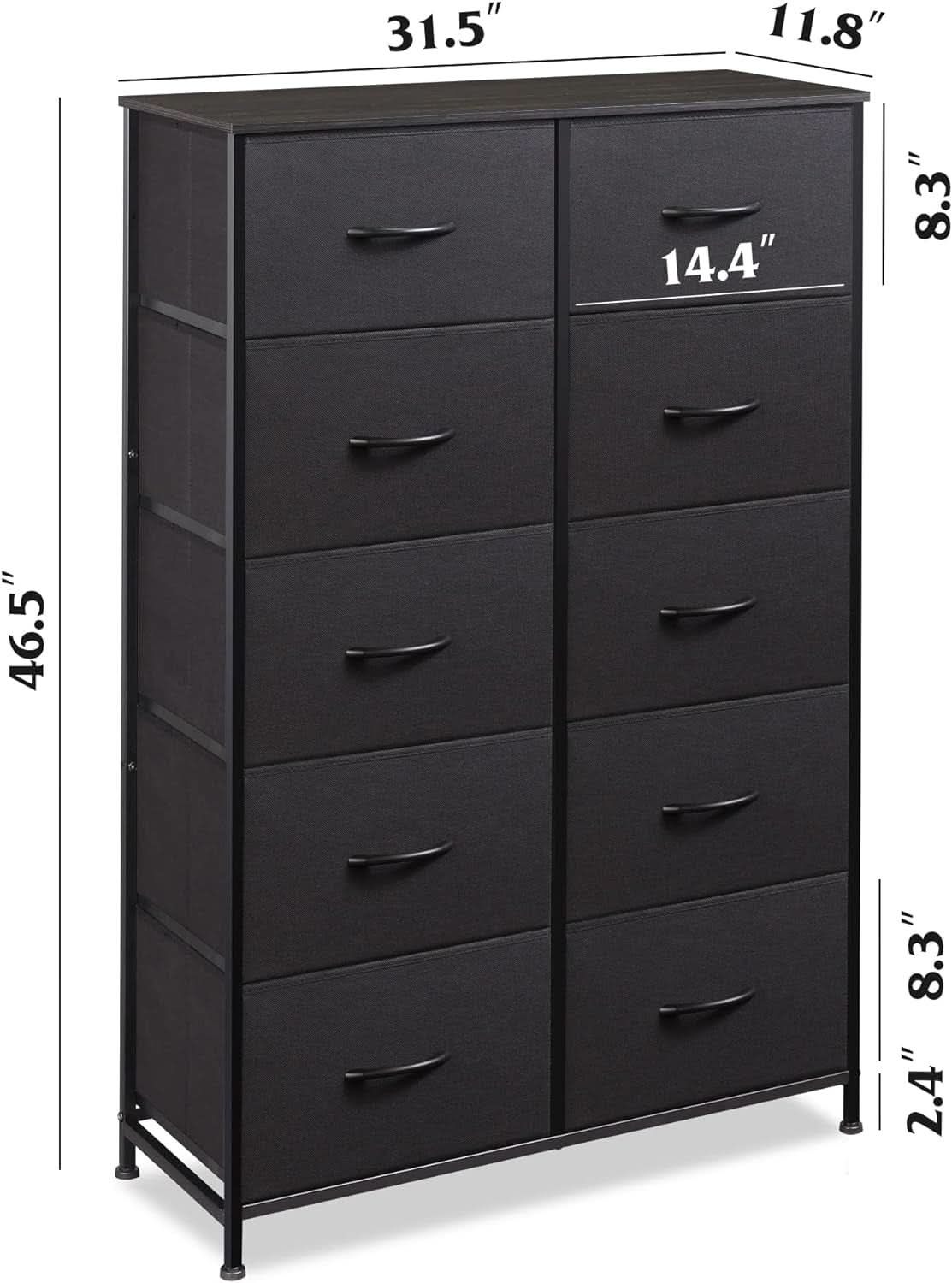 Tall Black Dresser With 10 Drawers And Fabric Bins Storage Organizer