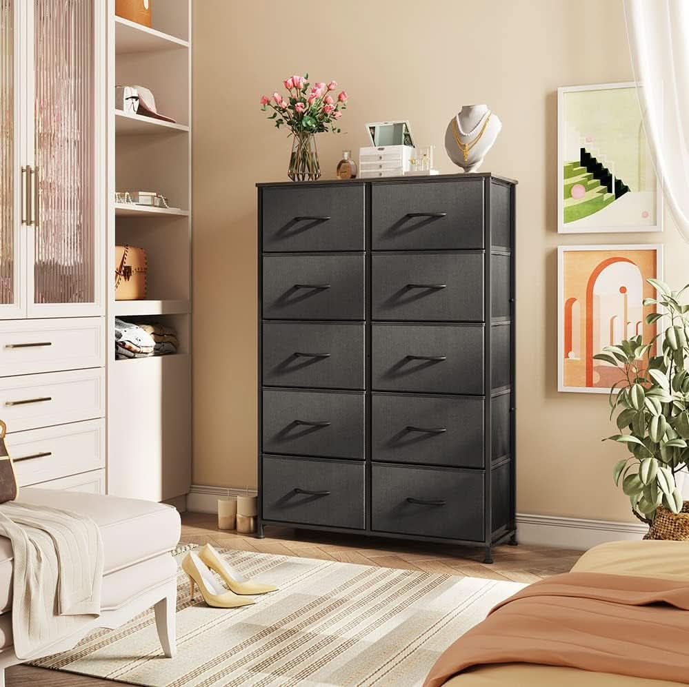 Tall Black Dresser With 10 Drawers And Fabric Bins Storage Organizer
