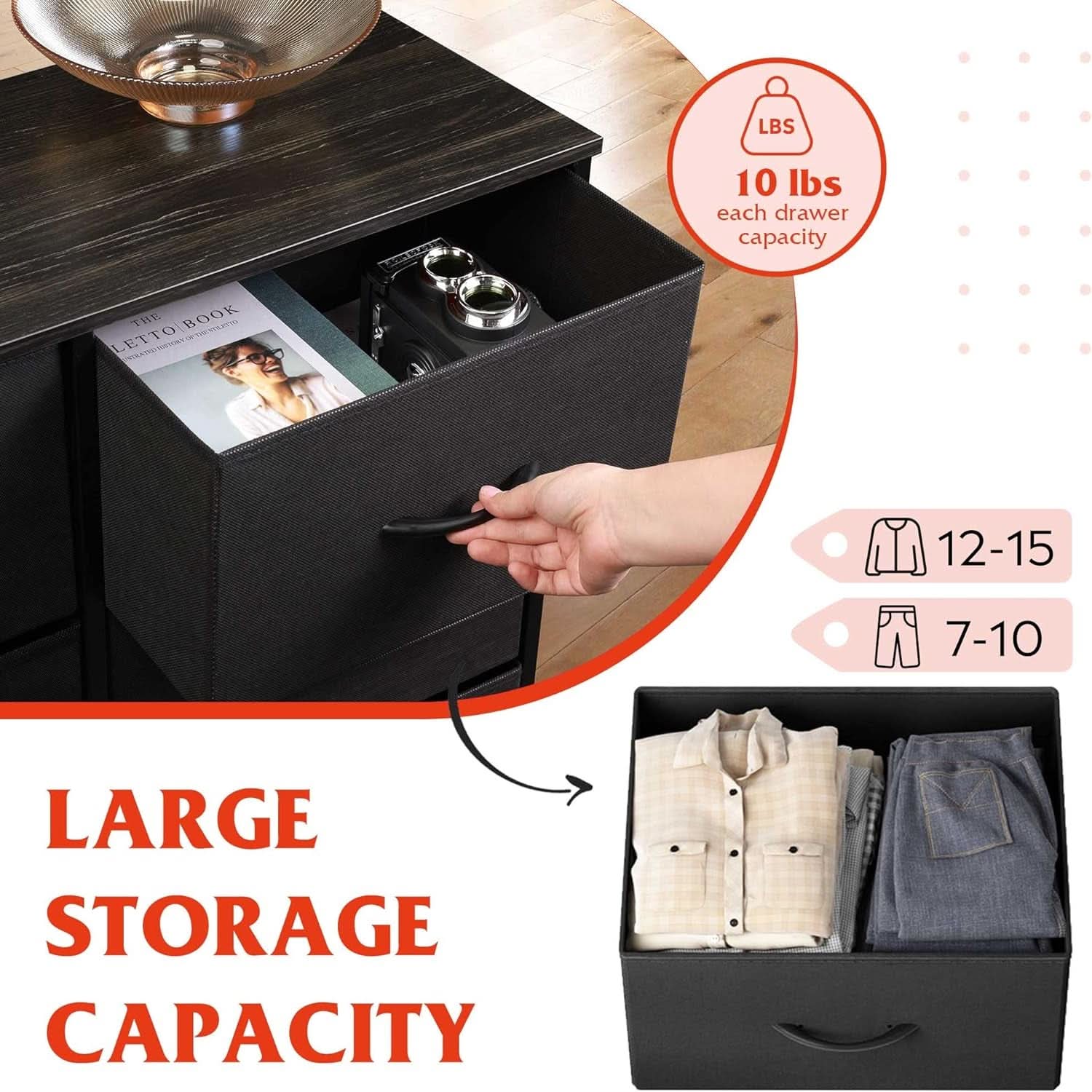 Tall Black Dresser With 10 Drawers And Fabric Bins Storage Organizer