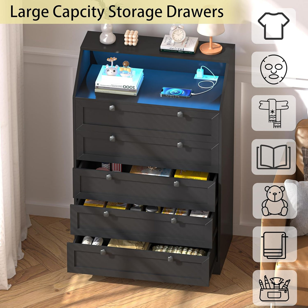 Tall Black Dresser With Customizable RGB Illumination