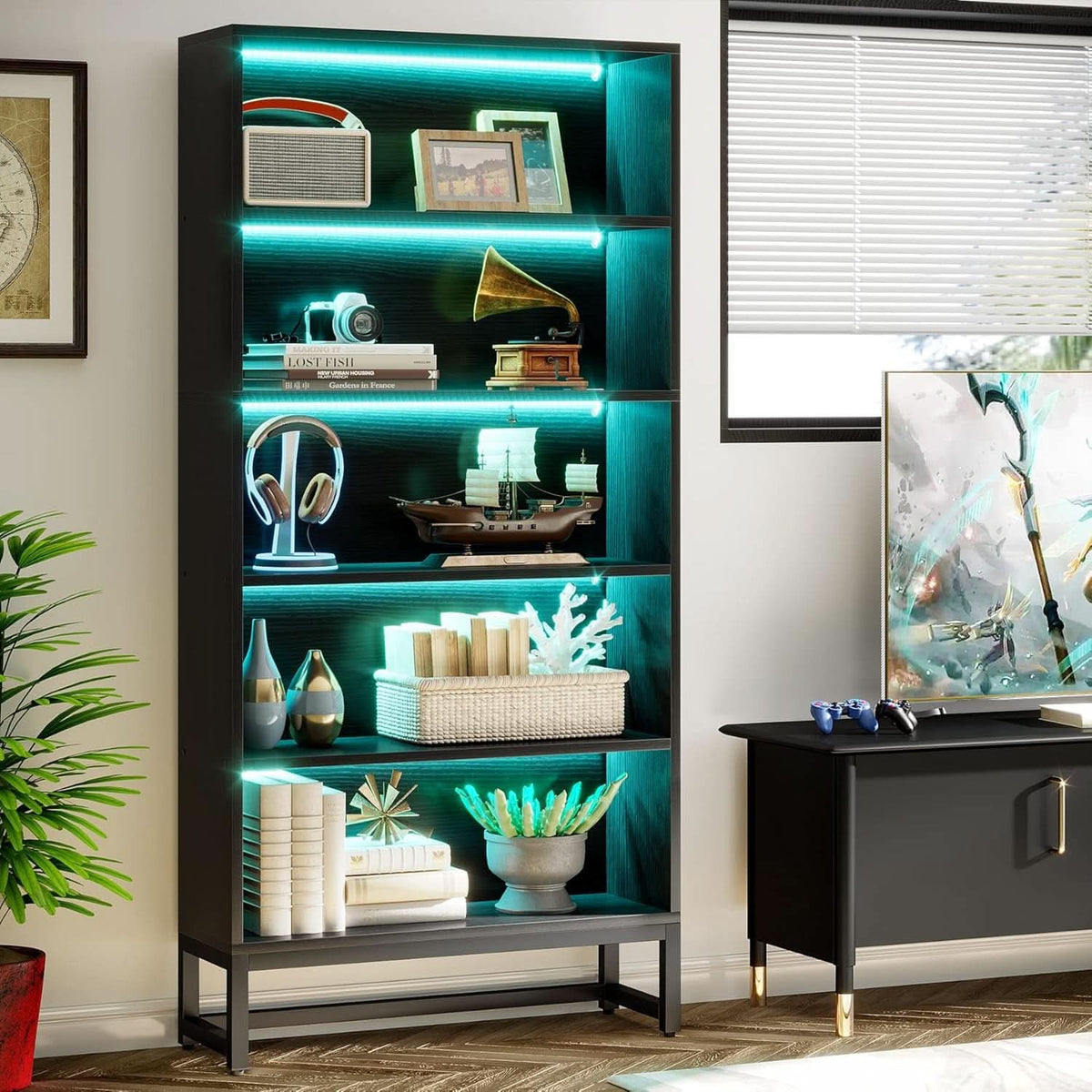 Tall Bookcase 70.8 Inch Led Lights For Living Room