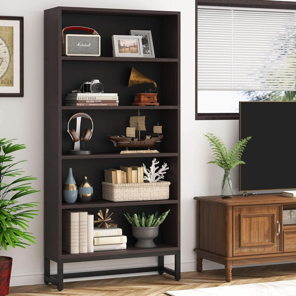 Tall Bookcase And Bookshelf 70.8 Inch Sandalwood Shelving
